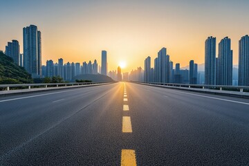 Straight asphalt highway road with modern city buildings at sunrise in Chongqing , ai