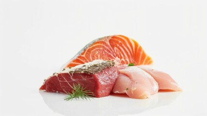 raw chicken and salmon with rosemary on a white background. macro shot of culinary and cooking conce