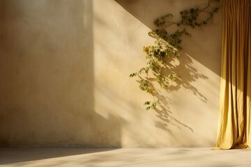 Poster - Organic curtain and plant shadow on cement wall architecture flooring sunlight.