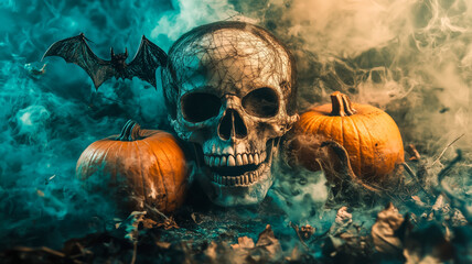 Skull, pumpkins, and bat in eerie foggy halloween scene