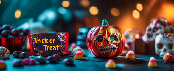 Halloween decor with candy, pumpkin skull, and bokeh lights