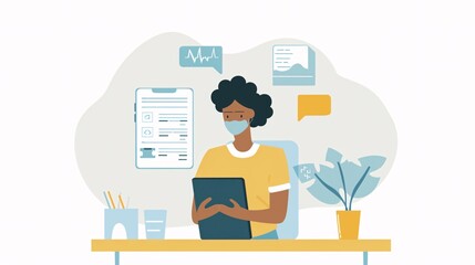 Poster - Woman working from home wearing face mask and using tablet