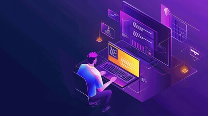 Poster - Programmer Working on Laptop with Data Analysis and Charts