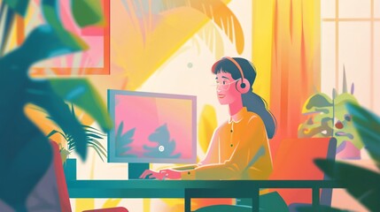 Poster - Woman Working from Home with Computer and Headphones