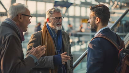 Wall Mural - Two men in suits talking to each other in a busy airport