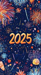 Wall Mural - An extraordinary fireworks display celebrates the arrival of 2025, filling the night sky with a dazzling array of colors, symbolizing hope, joy, and new beginnings.