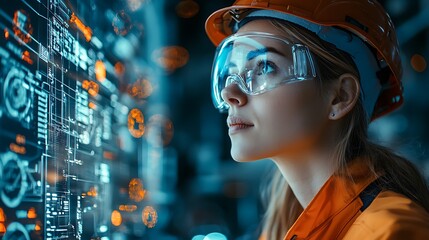 A female engineer, hard hat securely in place, analyzes complex data on a digital screen.