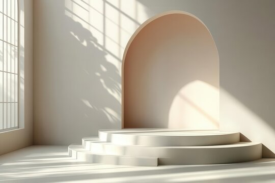 sleek 3d rendered geometric composition pristine white podium casting sharp shadows from natural sunlight set against a minimalist gradient background
