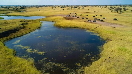 Aerial View of a Herd of Hippos Grazing in a Savanna Landscape with Two Waterholes