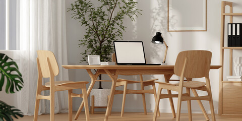 Wall Mural - Modern Minimalist Home Office Interior 3D Render with Wooden Furniture and Natural Light