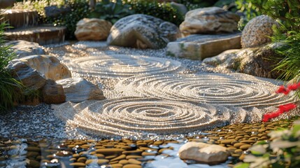 Zen Garden Stone Path with Circular Patterns and Water Feature