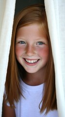 Canvas Print - A little girl with freckles peeking out of a curtain