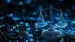© solom - Digital scales of justice on a digital background, with blue glowing lights, representing the balance between business and technology in cyber law
