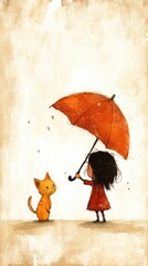 Poster - A little girl holding an umbrella next to a cat