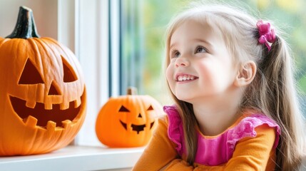 Wall Mural - A little girl sitting in front of a window next to two carved pumpkins