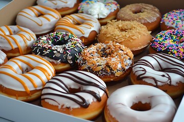 Sweet treat of donuts on a plate, glazed with sugar and chocolate