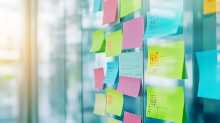 Wall Mural - Colorful Sticky Notes On Glass Wall For Brainstorming Ideas