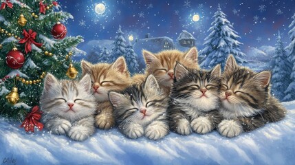 Canvas Print - A painting of a group of kittens sleeping in front of a christmas tree