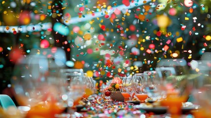 surprise party table with confetti, ready to welcome the guest of honor with a vibrant and joyful setup.