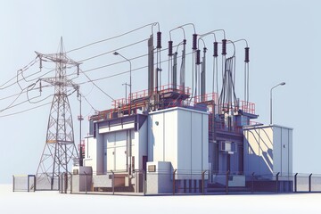 High Voltage Transformer Substation. Power Icon of Heavy Electric Generator