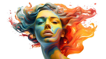 Poster - Colorful oil paint flow on woman face isolated on transparent background
