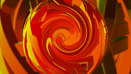 Poster - 3D Glass sphere. Abstract red glowing reflective mirror spiral background. Orange sphere for sports backdrop. 3D Rendering