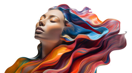 colorful oil paint flow on woman face isolated on transparent background