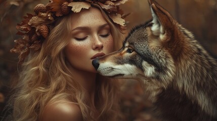 Canvas Print - A woman kissing a wolf in a forest