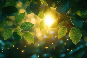 Wall Mural - sundappled forest canopy vibrant green leaves backlit by golden sunbeams ethereal atmosphere with floating pollen low angle view through branches