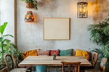 Boho-chic cafe interior featuring a wooden table