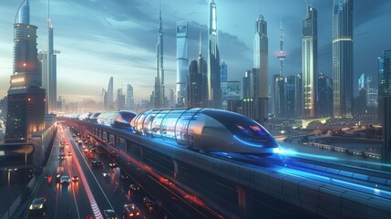 Poster - futuristic transportation systems, including hyperloop trains and autonomous vehicles, revolutionizi