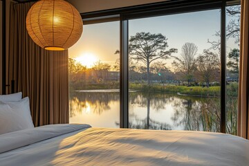 Sticker - Bedroom with a View of a Lake and Sunset