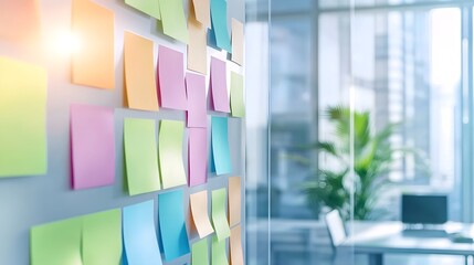 Canvas Print - Colorful Sticky Notes on Whiteboard in Modern Office