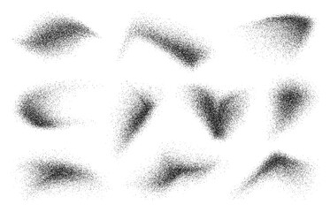 Noise dot grain brush. Vector set of irregularly shaped black dust, sand or particle dispersions, as dense, grainy clusters that gradually dissipate into scattered specks, abstract, textural pattern