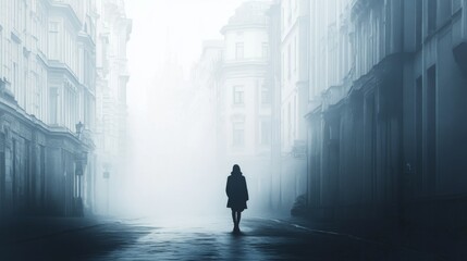 Wall Mural - a lone woman walks down a foggy city street, her silhouette disappearing into the mist.
