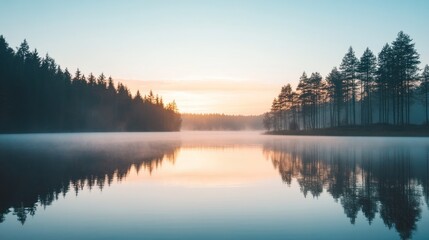 Misty Morning Sunrise over Still Lake