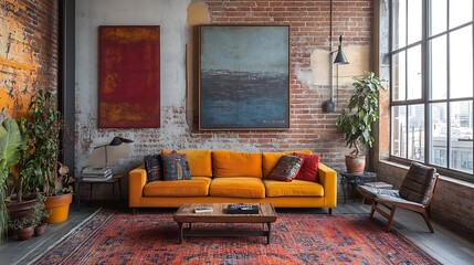 An eclectic loft living room with a vibrant mix of furniture styles, bold colors, and unique decor items, including colorful textiles, statement lighting, and a blend of modern and vintage pieces,