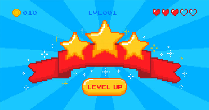 Pixel level up screen. Retro 8 bit video games achievement. Level up badge for arcade win computer game. Banner with stars, ribbon, hearts and level progress. Vector concept.