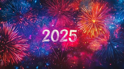 This vibrant image reveals the year 2025 in brightly sparkling colors, surrounded by a brilliant fireworks display, symbolizing the joyous and colorful celebrations of the new year.