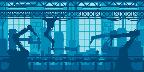 Poster - Robot conveyor at machine industry factory, robotic automation technology, vector background. Industrial factory and production line conveyor with robot arms for automated machines manufacture