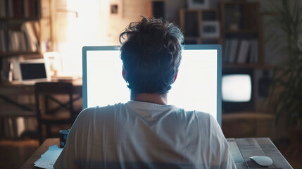 Man at computer with blank screen