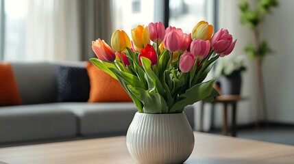 Poster - Bouquet of Tulips in a White Vase on a Coffee Table