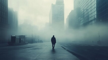 Wall Mural - a solitary figure walks through a foggy city street, shrouded in mist and anonymity.