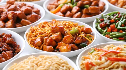 An assortment of popular Chinese stir-fry dishes, including sweet and sour chicken and vegetable lo mein, arranged attractively on a white surface to highlight the variety of flavors.