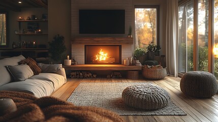 Loft living room with warm tones and a cozy fireplace, featuring soft cushions, woolen throws, and rustic wooden furniture, all bathed in the soft glow of firelight and warm ambient lighting,