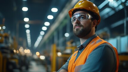 Poster - An engineer in a factory setting, supervising the assembly line with safety gear on, while discussing production efficiency with a colleague beside heavy machinery.