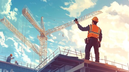 Aufkleber - An engineer standing on a bridge under construction, holding a radio and giving instructions to workers below, with the framework of the bridge stretching out behind them.