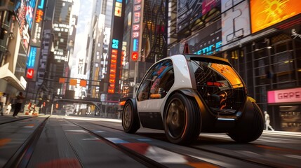 Naklejka na meble Marvel at the design of a compact, eco-friendly car navigating through a vibrant cityscape