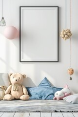 Wall Mural - Minimalist Cozy Nursery Interior with Blank White Frame and Soft Plush Toys