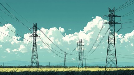 Poster - An industrial landscape featuring several high-voltage power lines and transmission towers stretching across a flat, open field, highlighting the scale and reach of the electrical grid.